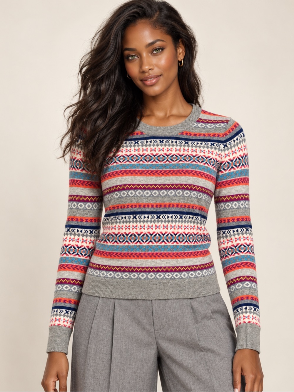 GAP Gray Crewneck Sweater with Multicolor Fair Isle Stripes XS